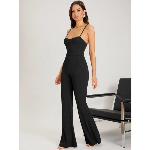 ❗️ Minimalist Open Back Cami Jumpsuit flared pants burgundy - Picture 4 of 11